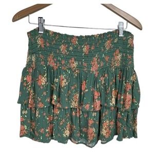 Aerie Women Skirt Juniors L Mini Boho Green Floral Tiered Smocked Cottage Preppy